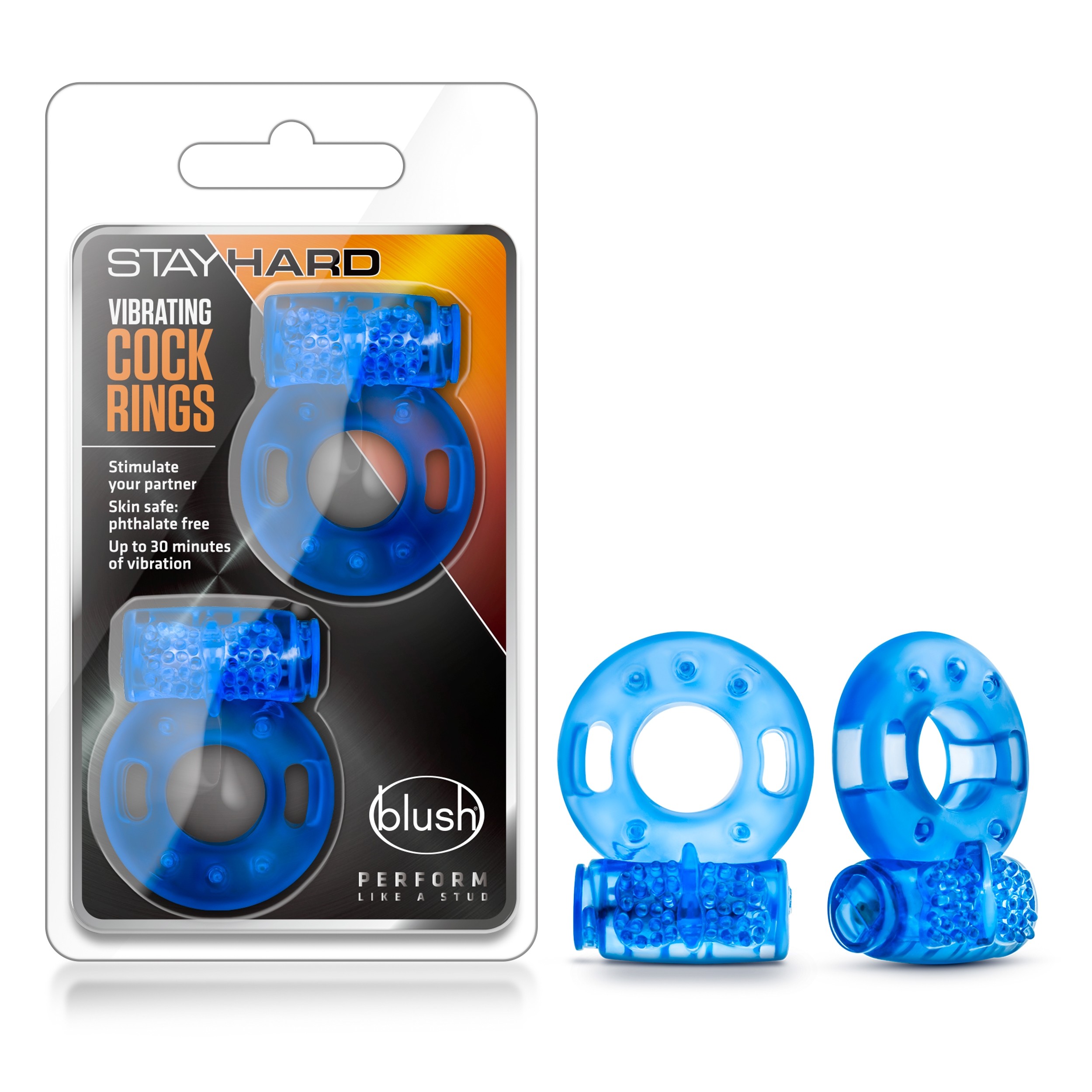 Blush Novelties Stay Hard Vibrating Cock Rings - 2 Pack - Blue Packaging